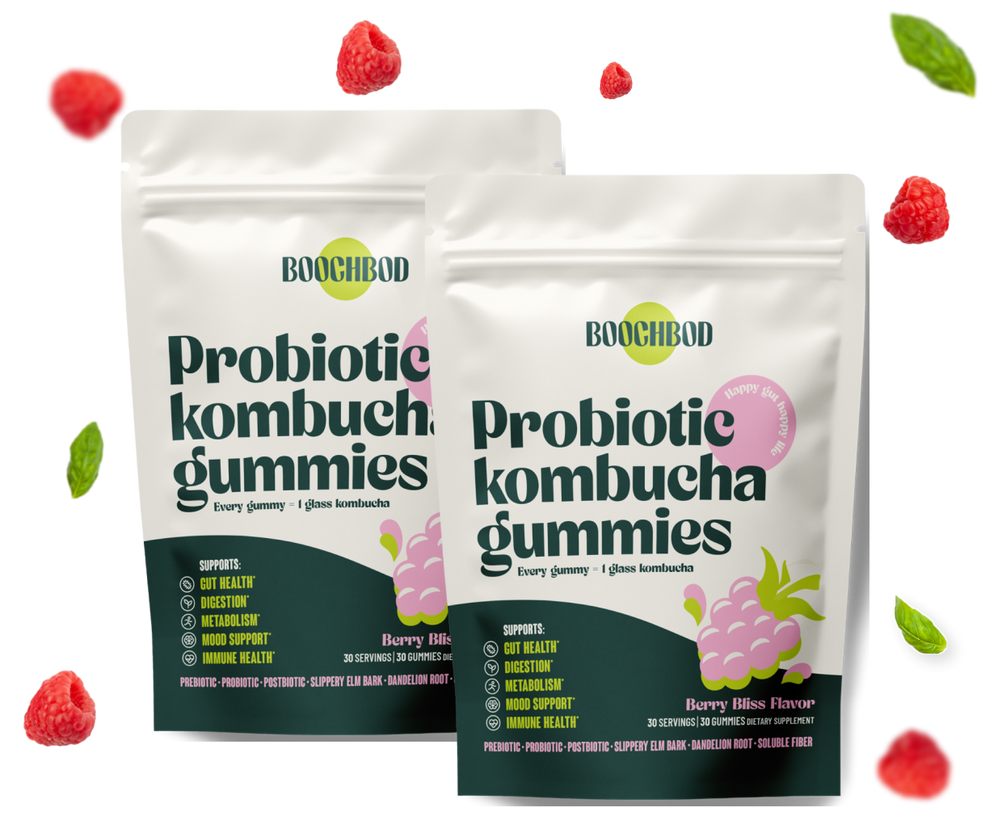 BoochBod probiotic kombucha gummies packaging with fresh raspberries and mint leaves