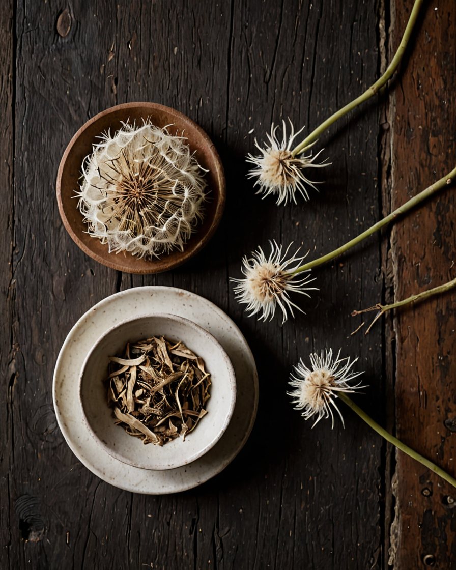 Slippery elm bark and dandelion root on a wooden table