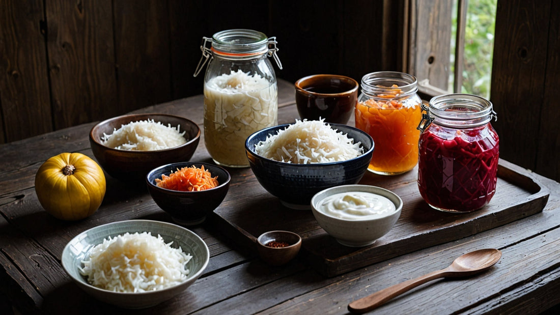 Fermented foods on a wooden table: sauerkraut, kimchi, kefir, yogurt and a jar of kombucha