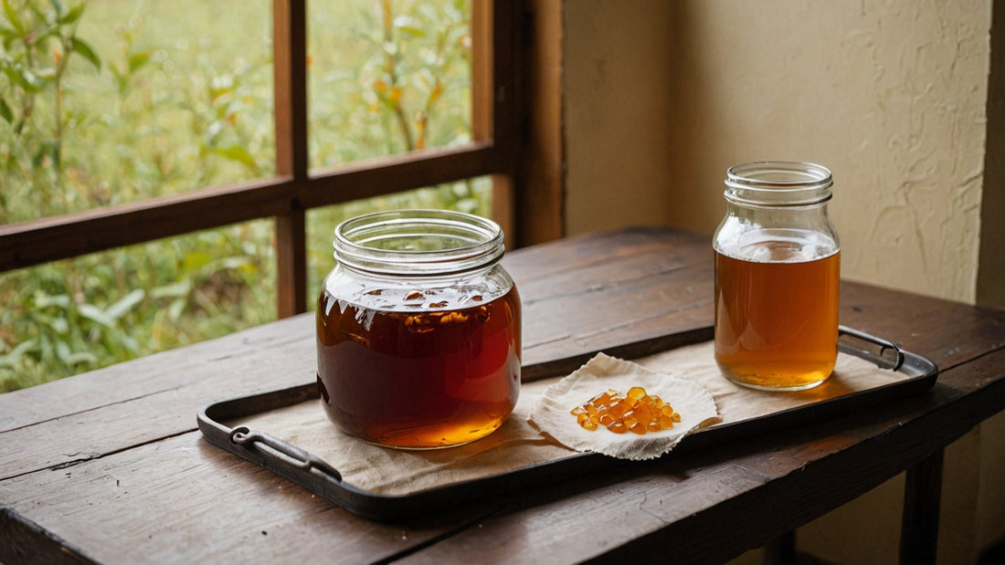 Jar of kombucha fermenting with a SCOBY on top, beside a cup of black tea on a wooden table