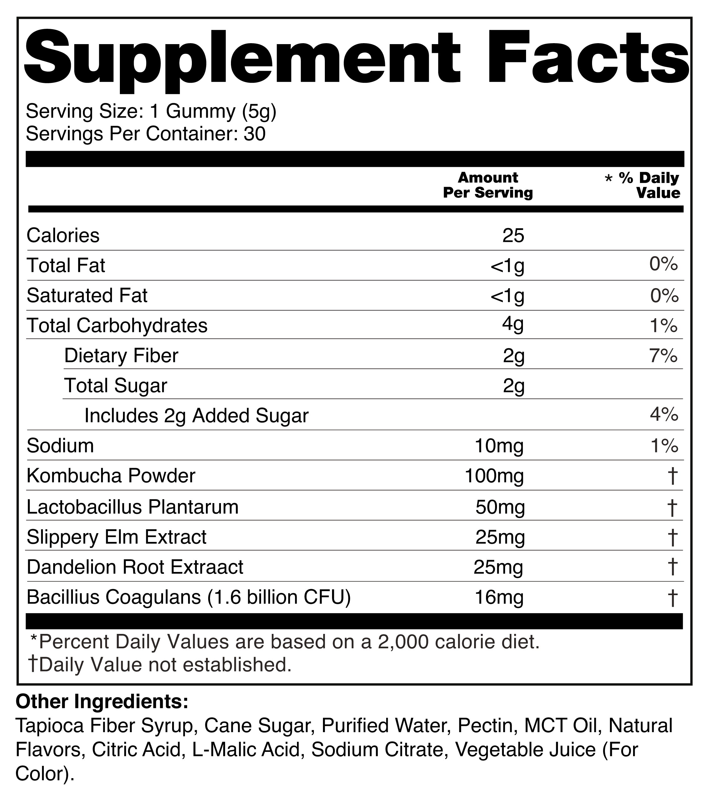 BoochBod Kombucha Gummies Supplement Facts Label - 1 gummy per serving, 1.6 billion CFU probiotics, 2g prebiotic fiber
