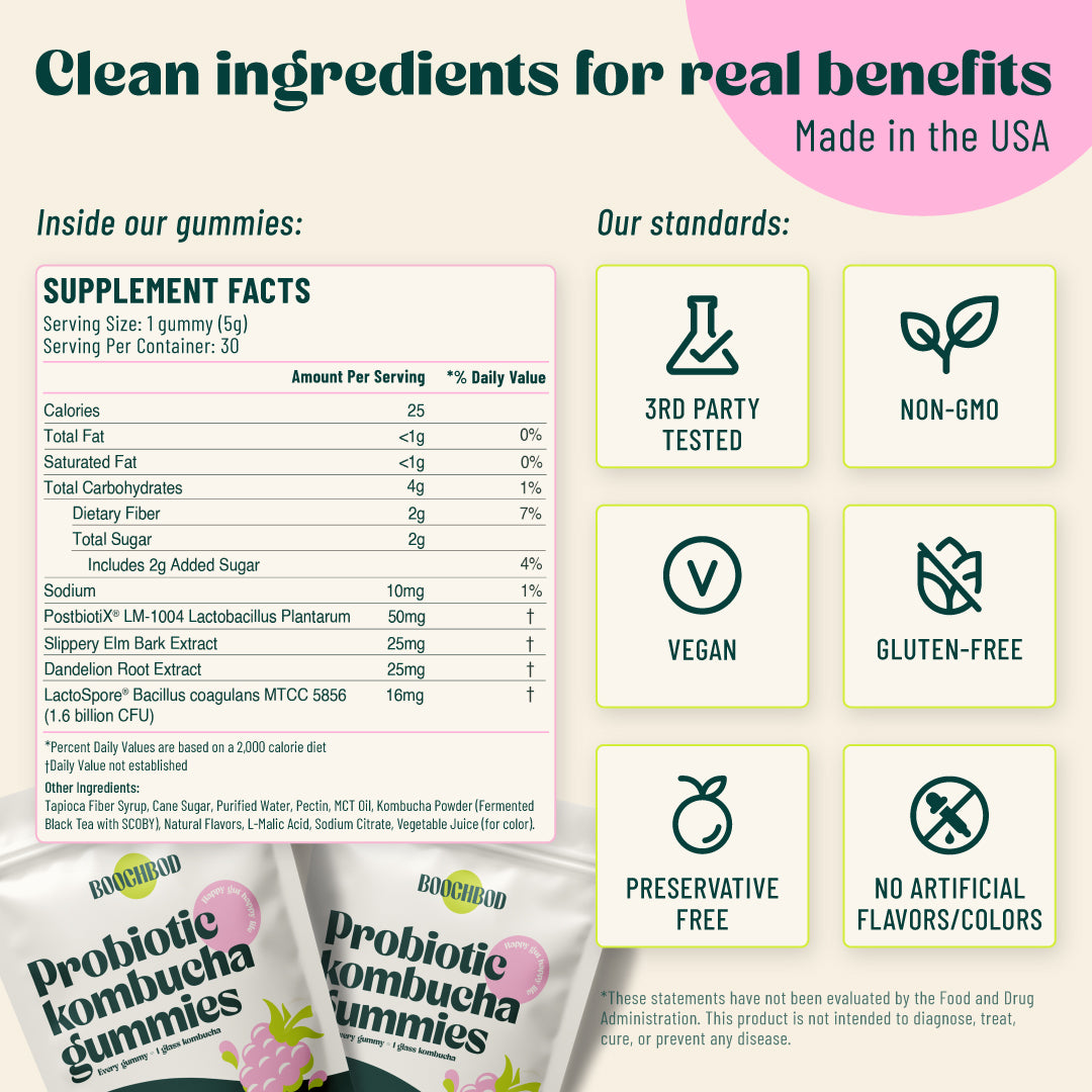 Product packaging with supplement facts and certification icons for probiotic kombucha gummies.