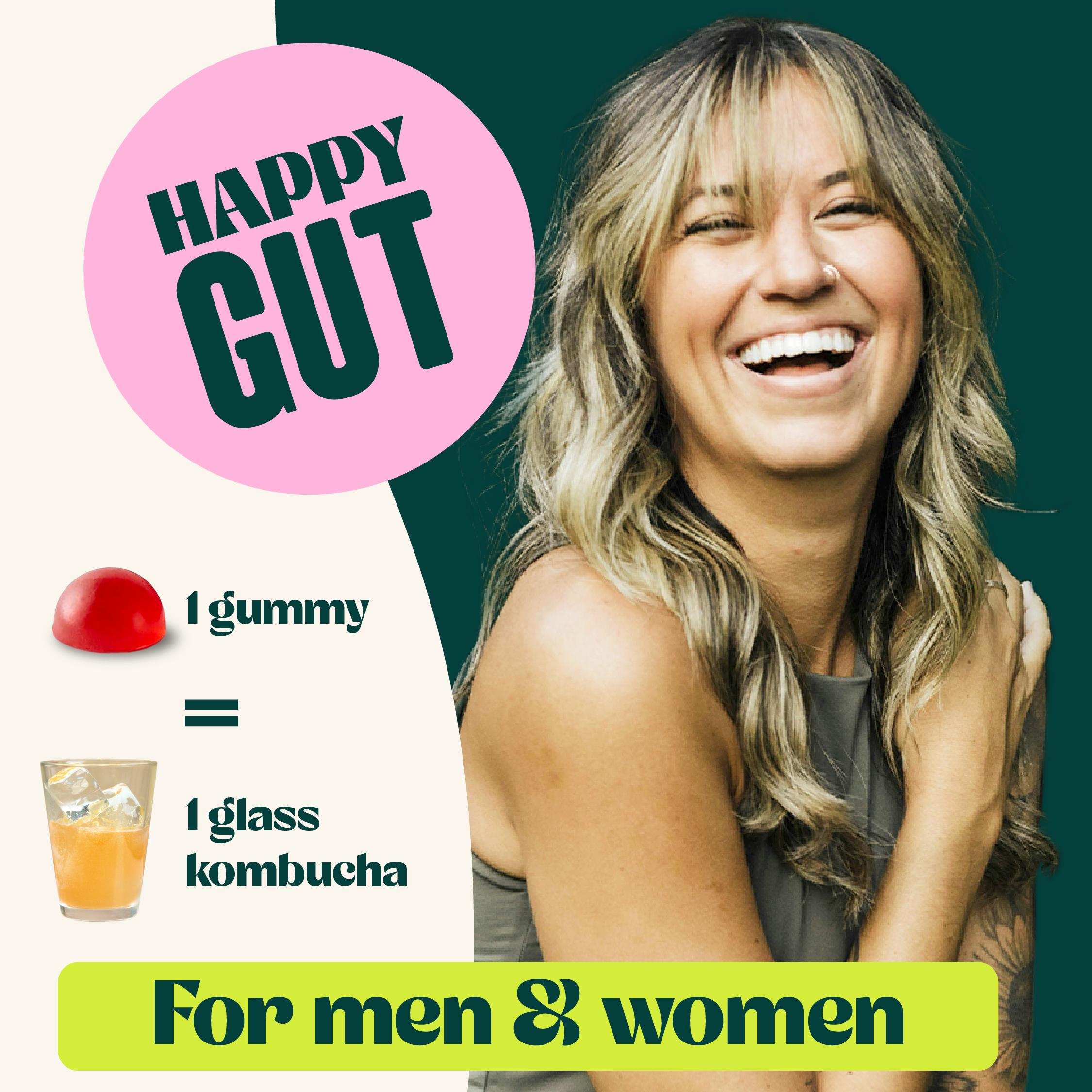 Advertisement for 'Happy Gut' gummies with a woman smiling and text about kombucha equivalence.