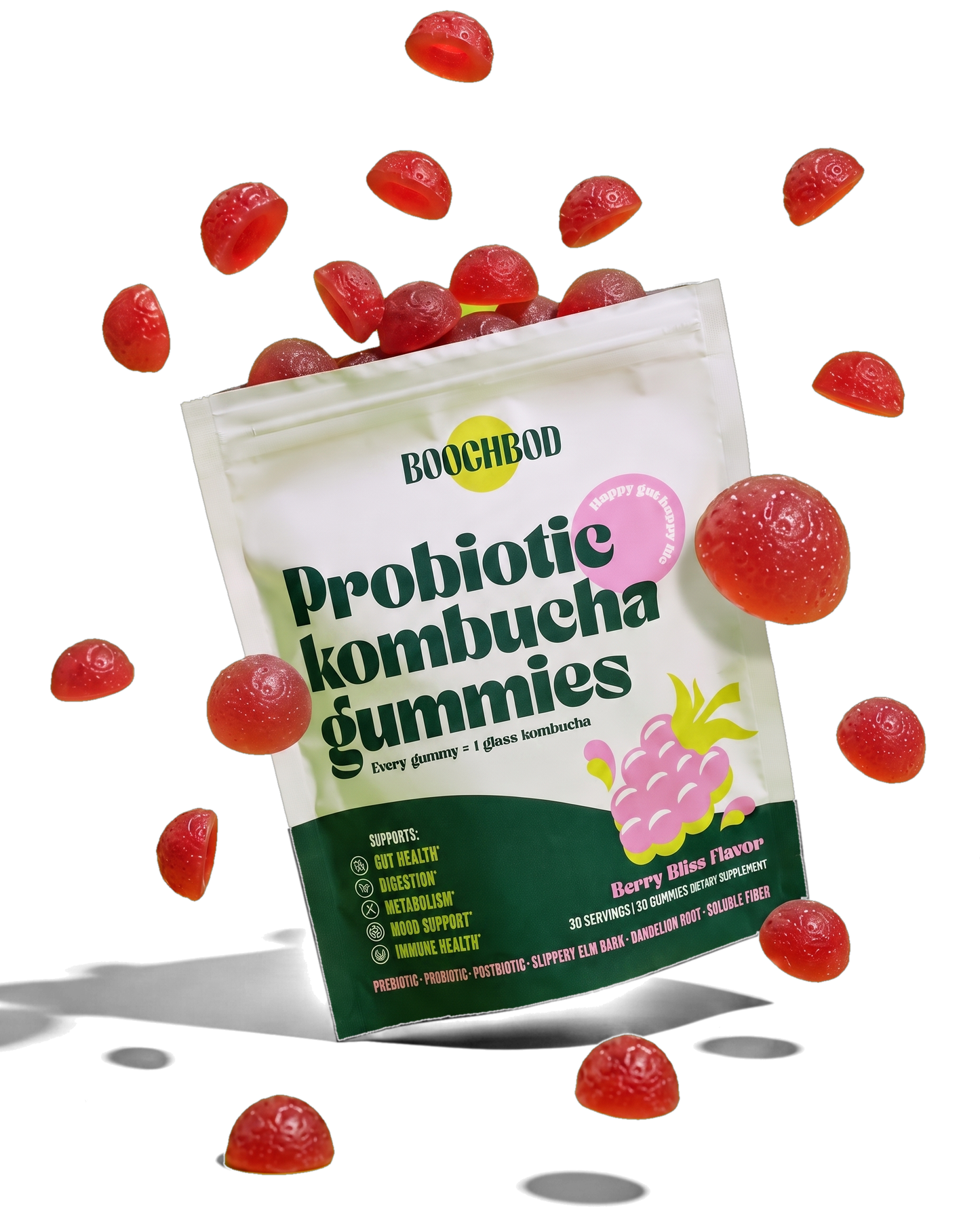 BoochBod Probiotic Kombucha Gummies Berry Bliss pouch with red gummies falling around it