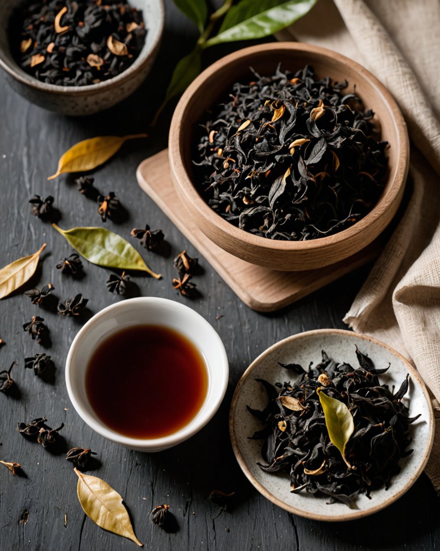 Loose black tea leaves on linen