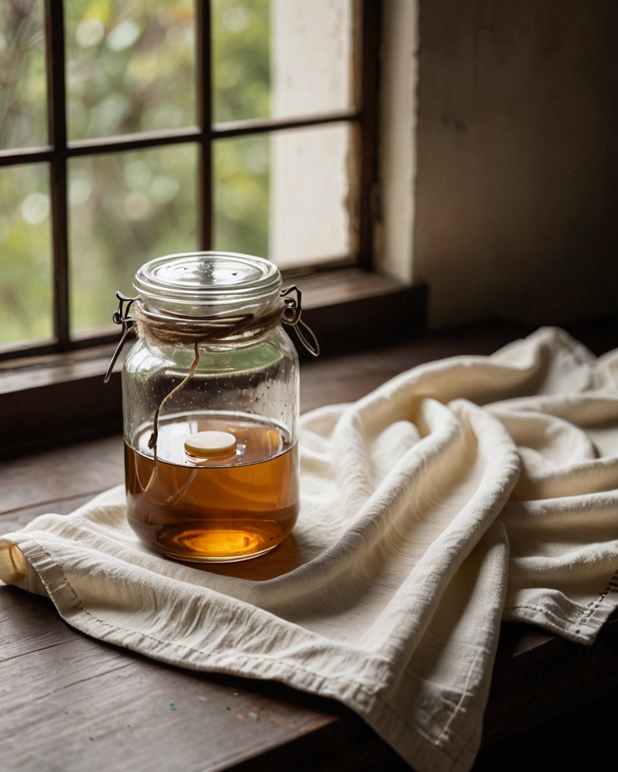 A jar of kombucha with the culture floating on top
