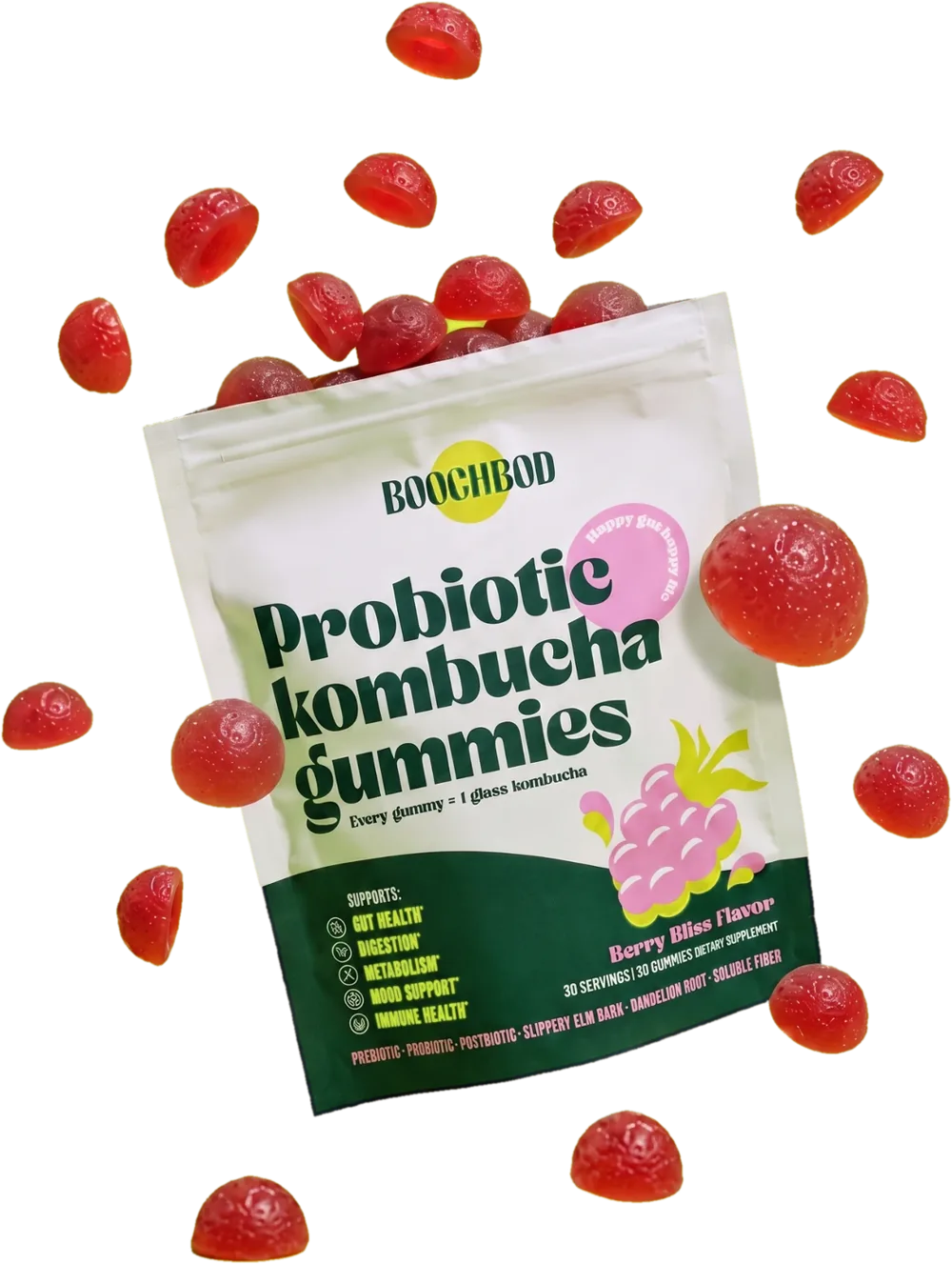 BoochBod Probiotic Kombucha Gummies, Berry Bliss, with gummies spilling out of the pouch